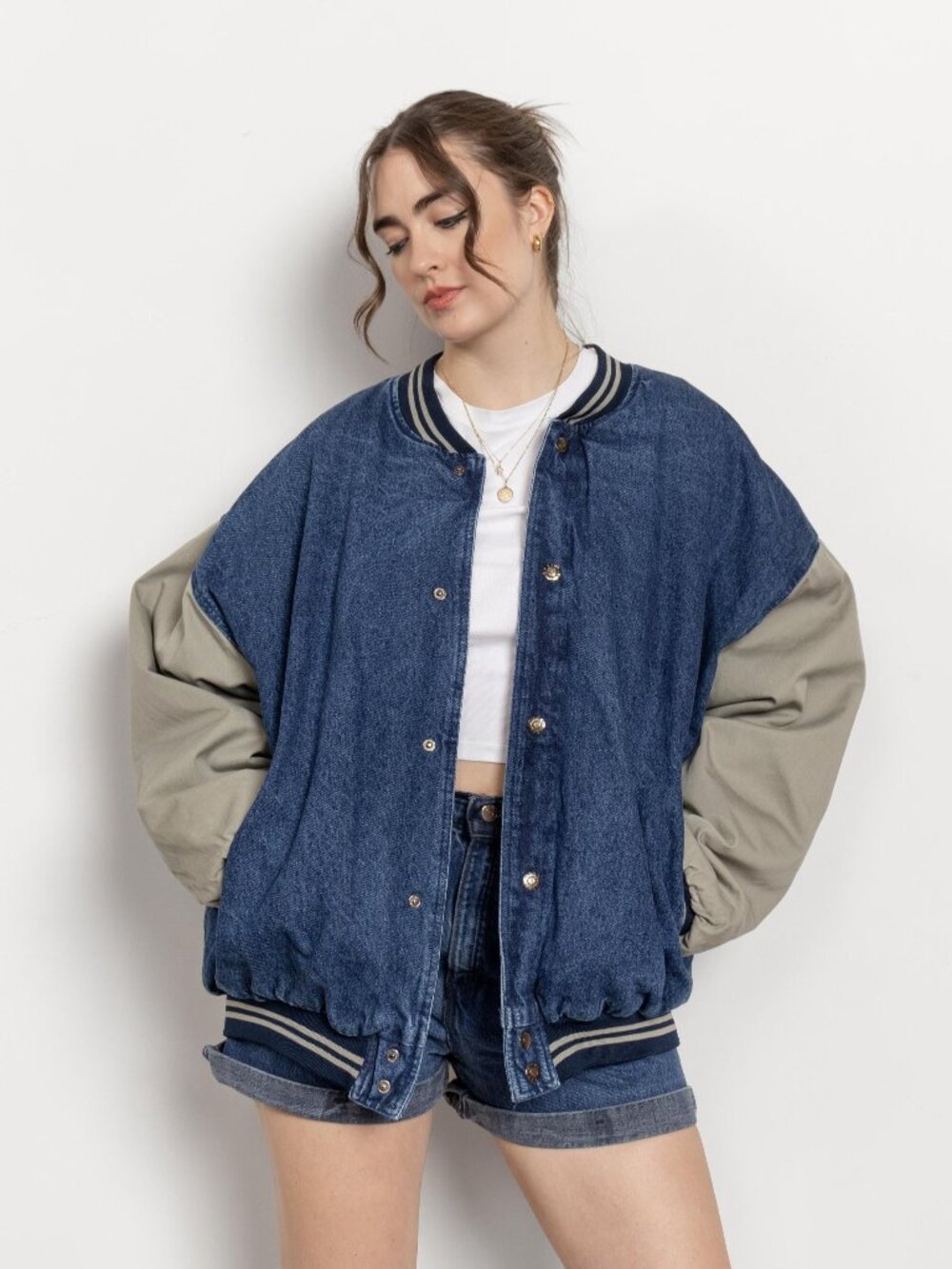 OVERSIZE BOMBER JACKET Cotton Denim Vintage Streetwear / Xl Xxl